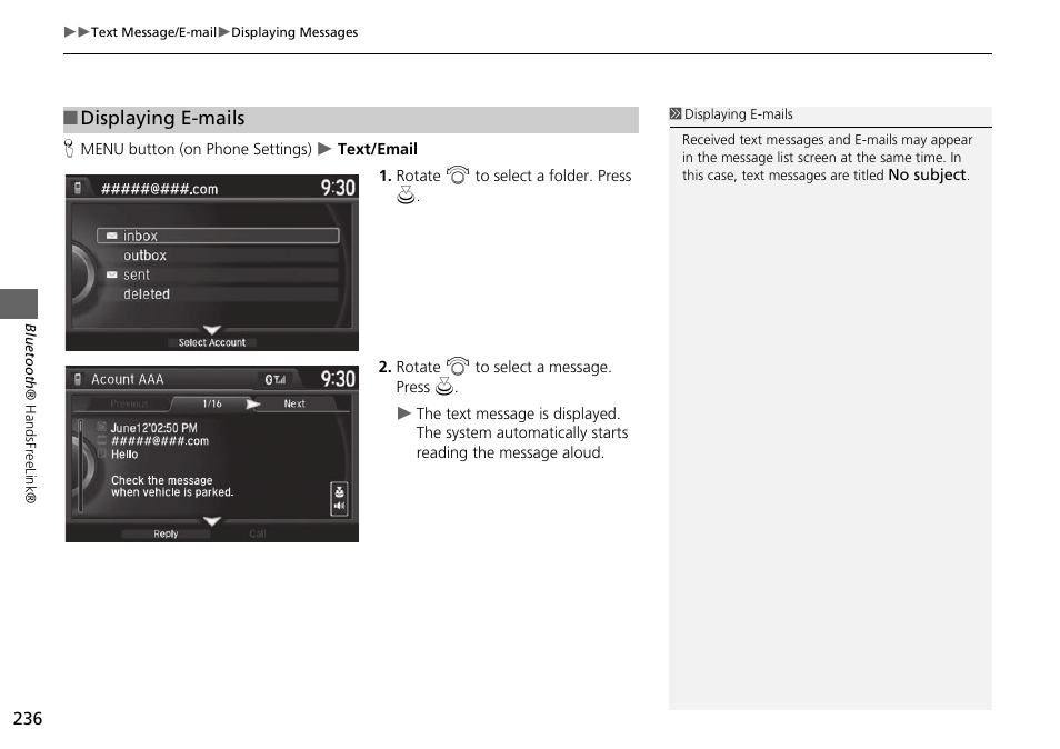 Displaying e-mails | HONDA 2015 Odyssey - Navigation Manual User Manual | Page 237 / 325
