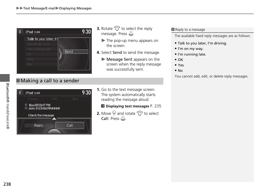 Making a call to a sender | HONDA 2015 Odyssey - Navigation Manual User Manual | Page 239 / 325