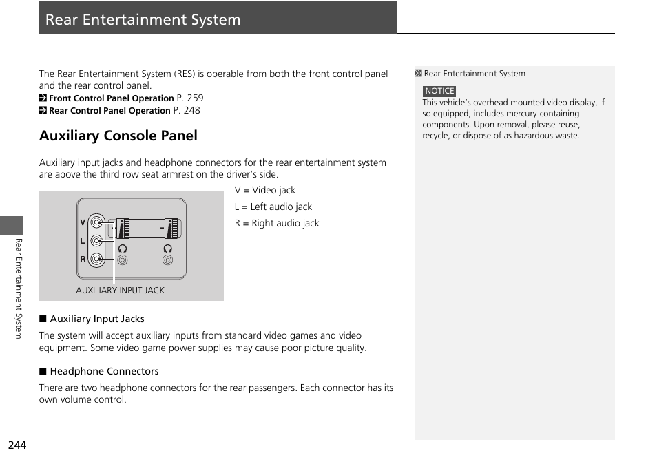 Rear entertainment system 244, P244), Rear entertainment system | Auxiliary console panel | HONDA 2015 Odyssey - Navigation Manual User Manual | Page 245 / 325