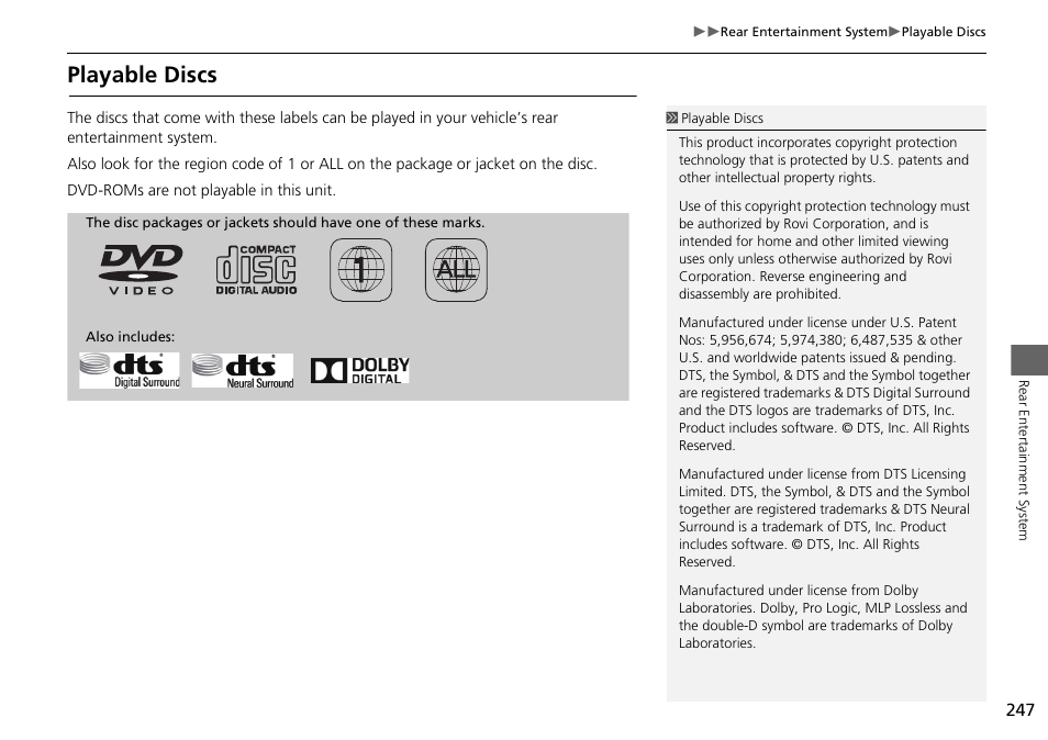 Playable discs | HONDA 2015 Odyssey - Navigation Manual User Manual | Page 248 / 325