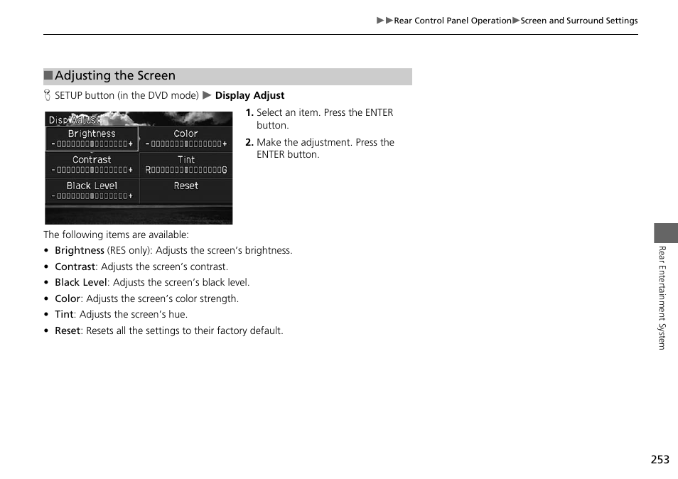 2 adjusting the screen, P. 253, Adjusting the screen | HONDA 2015 Odyssey - Navigation Manual User Manual | Page 254 / 325