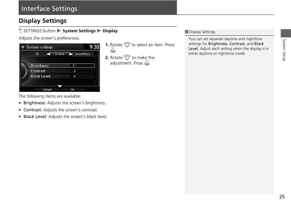 Interface settings 25, Interface settings, Display settings | HONDA 2015 Odyssey - Navigation Manual User Manual | Page 26 / 325