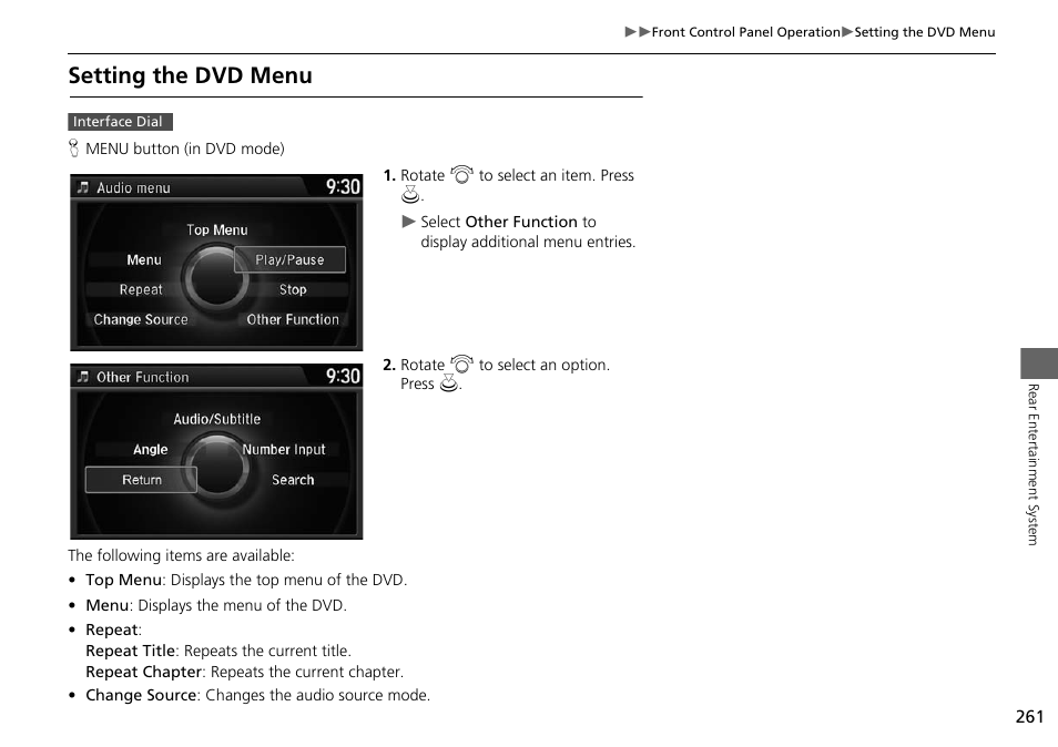 Setting the dvd menu | HONDA 2015 Odyssey - Navigation Manual User Manual | Page 262 / 325