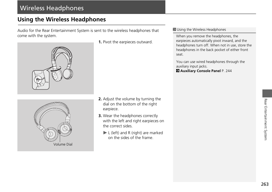 Wireless headphones 263, Wireless headphones, Using the wireless headphones | HONDA 2015 Odyssey - Navigation Manual User Manual | Page 264 / 325