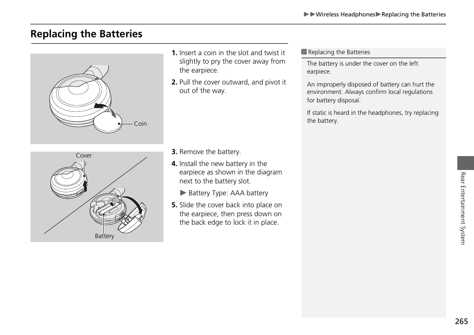 Replacing the batteries | HONDA 2015 Odyssey - Navigation Manual User Manual | Page 266 / 325