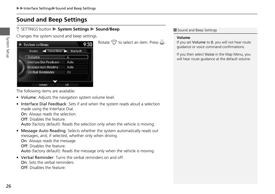 Sound and beep settings | HONDA 2015 Odyssey - Navigation Manual User Manual | Page 27 / 325