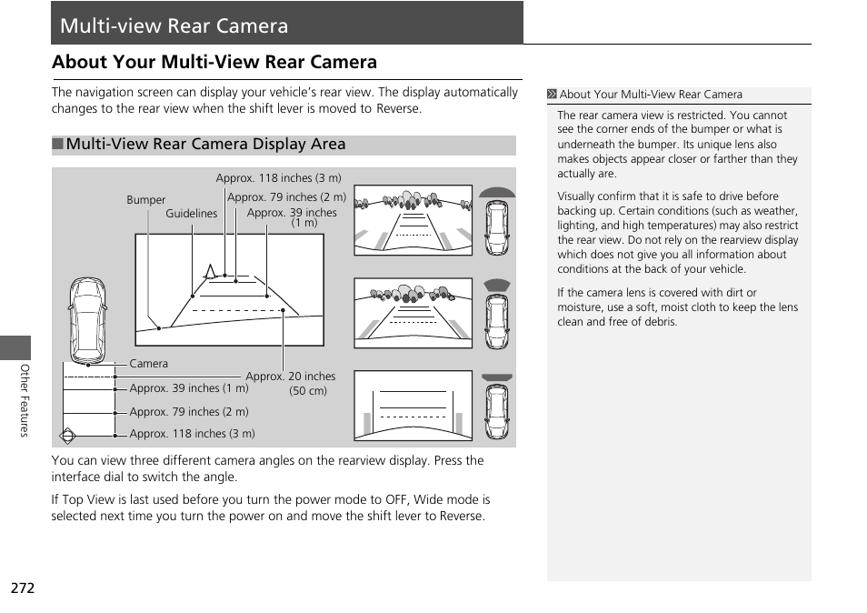 Multi-view rear camera 272, P272), Multi-view rear camera | About your multi-view rear camera, Multi-view rear camera display area | HONDA 2015 Odyssey - Navigation Manual User Manual | Page 273 / 325