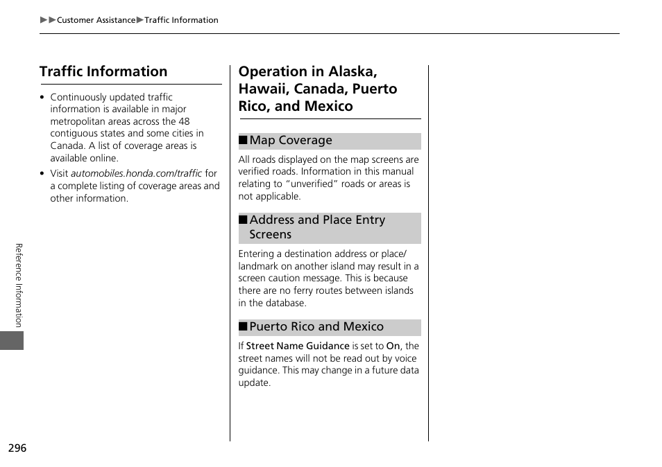 Puerto rico, and mexico, Traffic information | HONDA 2015 Odyssey - Navigation Manual User Manual | Page 297 / 325