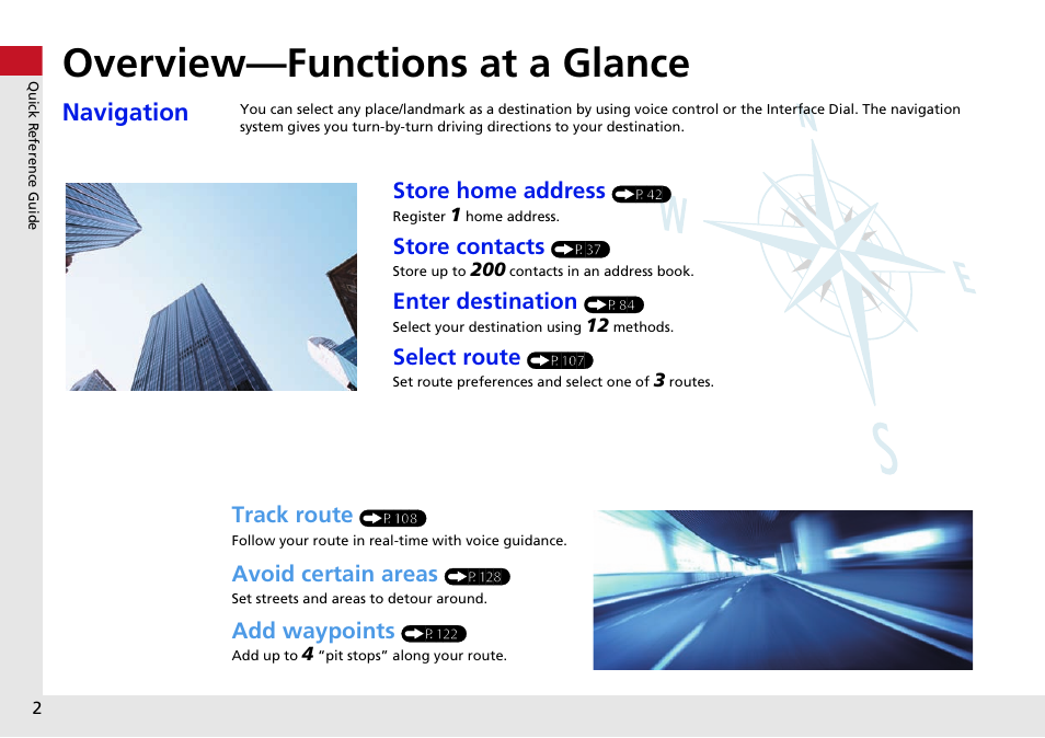 Quick reference guide, Overview—functions at a glance, Navigation | Store home address, Store contacts, Enter destination, Select route, Track route, Avoid certain areas, Add waypoints | HONDA 2015 Odyssey - Navigation Manual User Manual | Page 3 / 325