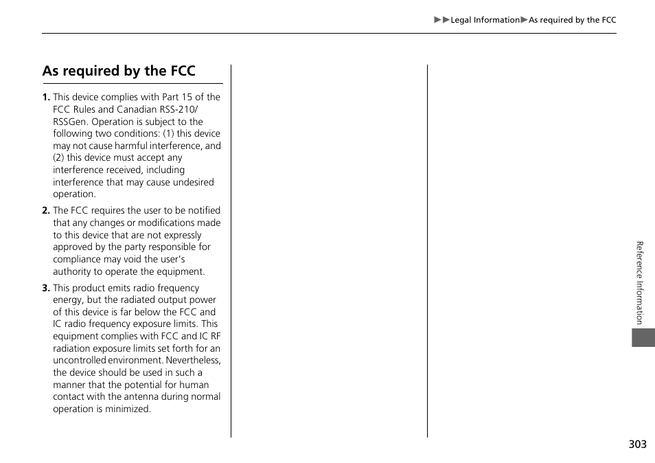 As required by the fcc | HONDA 2015 Odyssey - Navigation Manual User Manual | Page 304 / 325