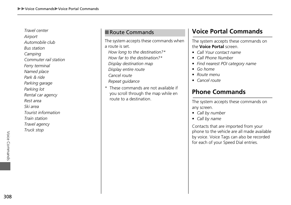 2 route commands p. 308, Voice portal commands phone commands, Voice portal commands | Phone commands | HONDA 2015 Odyssey - Navigation Manual User Manual | Page 309 / 325