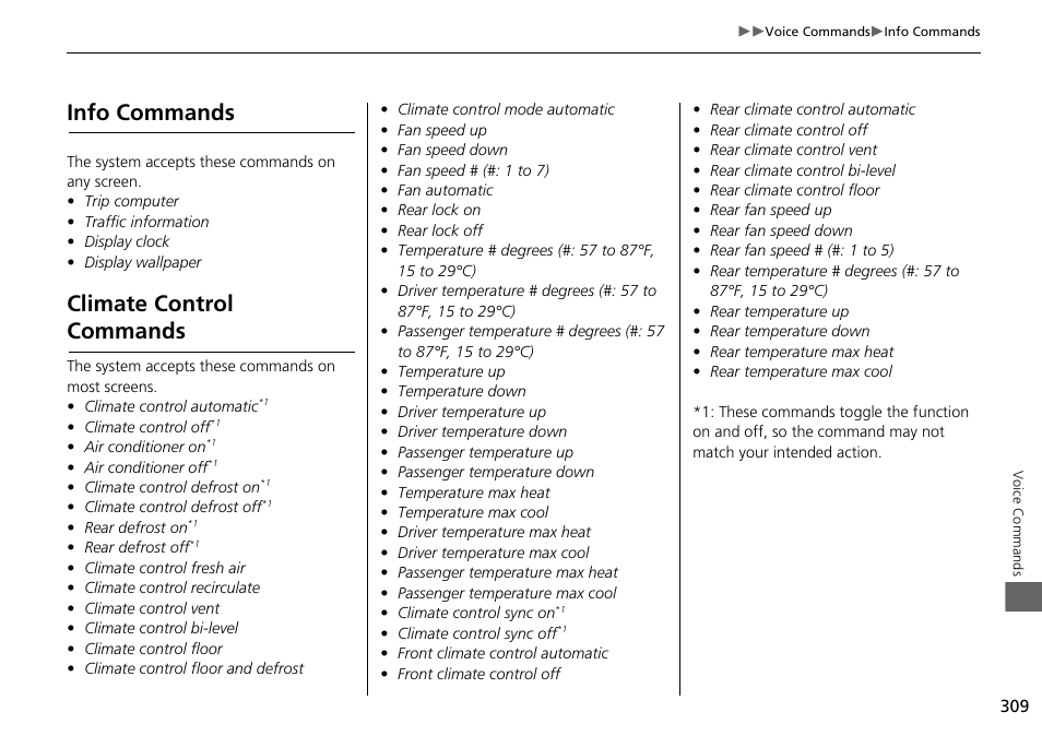 Info commands climate control commands, Info commands, Climate control commands | HONDA 2015 Odyssey - Navigation Manual User Manual | Page 310 / 325