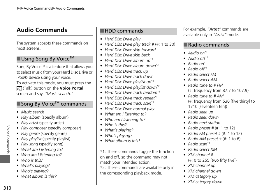 2 song by voice, Commands p. 310, Audio commands | Using song by voice, Song by voice, Commands, Hdd commands, Radio commands | HONDA 2015 Odyssey - Navigation Manual User Manual | Page 311 / 325