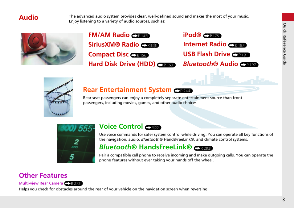 Other features, Audio, Rear entertainment system | Voice control, Bluetooth ® handsfreelink, Fm/am radio, Siriusxm® radio, Compact disc, Ipod, Usb flash drive | HONDA 2015 Odyssey - Navigation Manual User Manual | Page 4 / 325