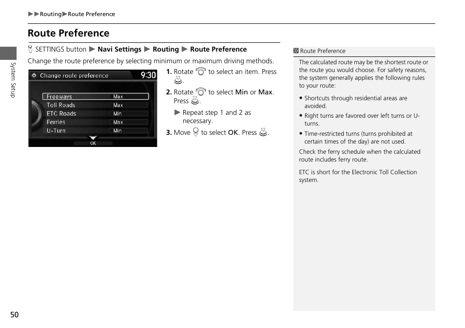 Route preference, P. 50 | HONDA 2015 Odyssey - Navigation Manual User Manual | Page 51 / 325