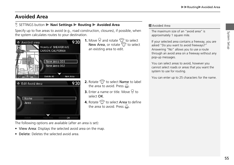 Avoided area, P. 55 | HONDA 2015 Odyssey - Navigation Manual User Manual | Page 56 / 325