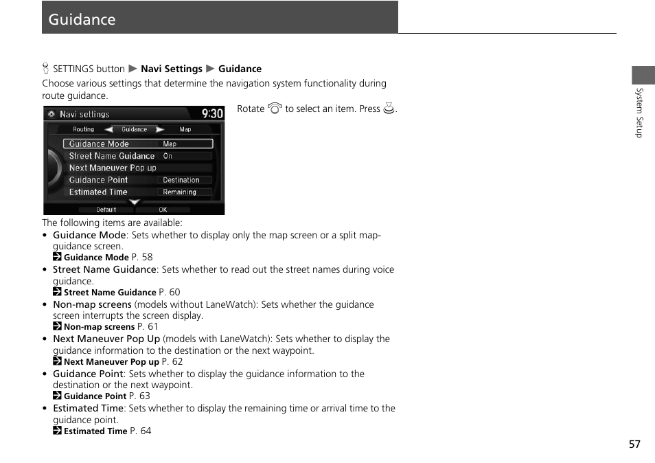 Guidance 57, Guidance | HONDA 2015 Odyssey - Navigation Manual User Manual | Page 58 / 325