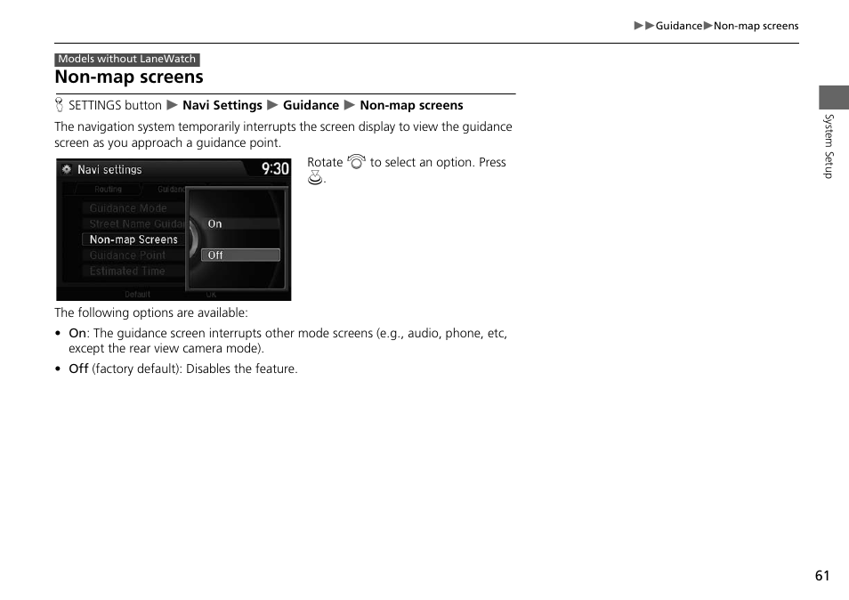 Non-map screens, P. 61 | HONDA 2015 Odyssey - Navigation Manual User Manual | Page 62 / 325