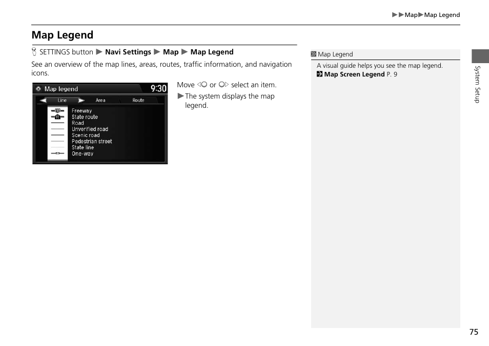 Map legend, P. 75 | HONDA 2015 Odyssey - Navigation Manual User Manual | Page 76 / 325