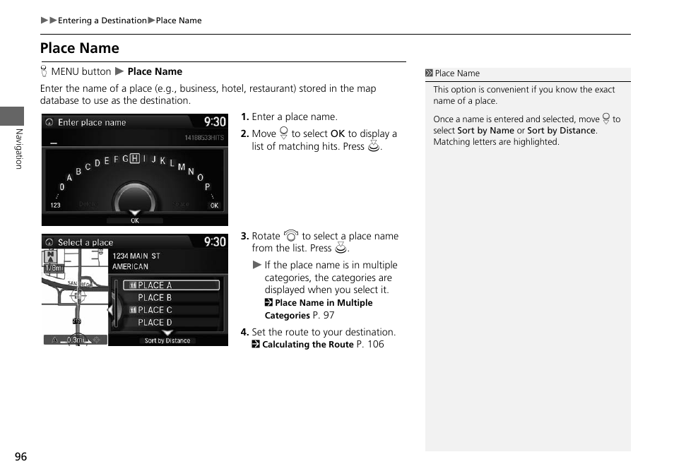 Place name, P. 96, 2 place name | HONDA 2015 Odyssey - Navigation Manual User Manual | Page 97 / 325