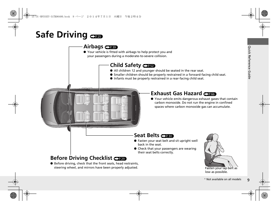 Safe driving (p25), Safe driving, Airbags | Child safety, Exhaust gas hazard, Before driving checklist, Seat belts | HONDA 2015 Odyssey - Owner's Manual User Manual | Page 10 / 565