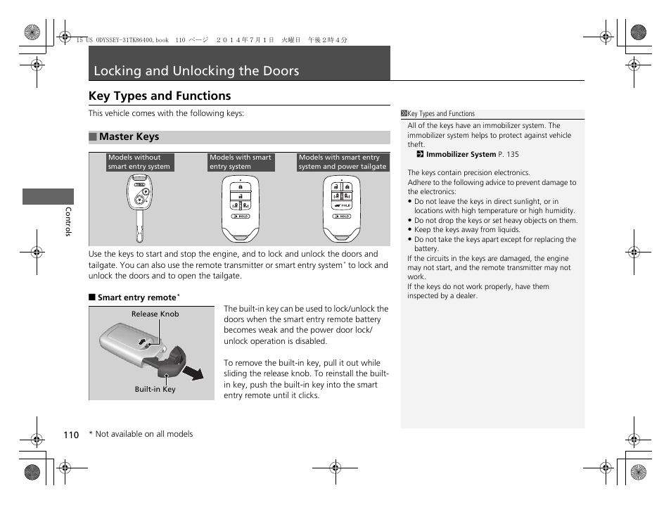 Locking and unlocking the doors p. 110, Locking and unlocking the doors, Key types and functions | HONDA 2015 Odyssey - Owner's Manual User Manual | Page 111 / 565