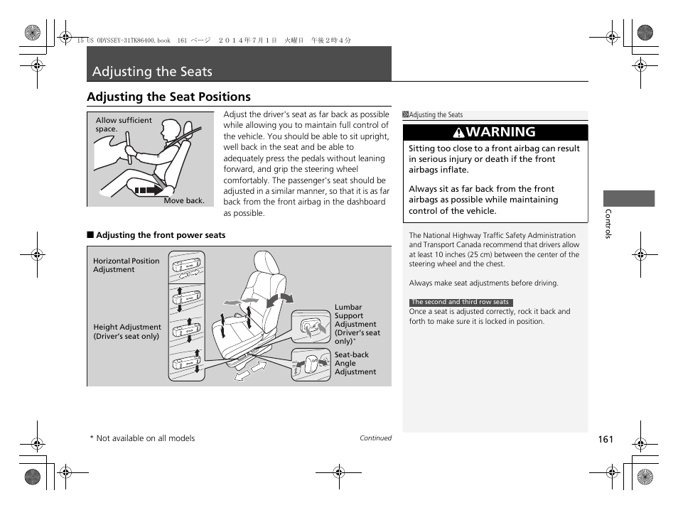 Adjusting the seats p. 161, P161), Adjusting the seats | Adjusting the seat positions, Adjusting the seat positions p. 161, Warning | HONDA 2015 Odyssey - Owner's Manual User Manual | Page 162 / 565