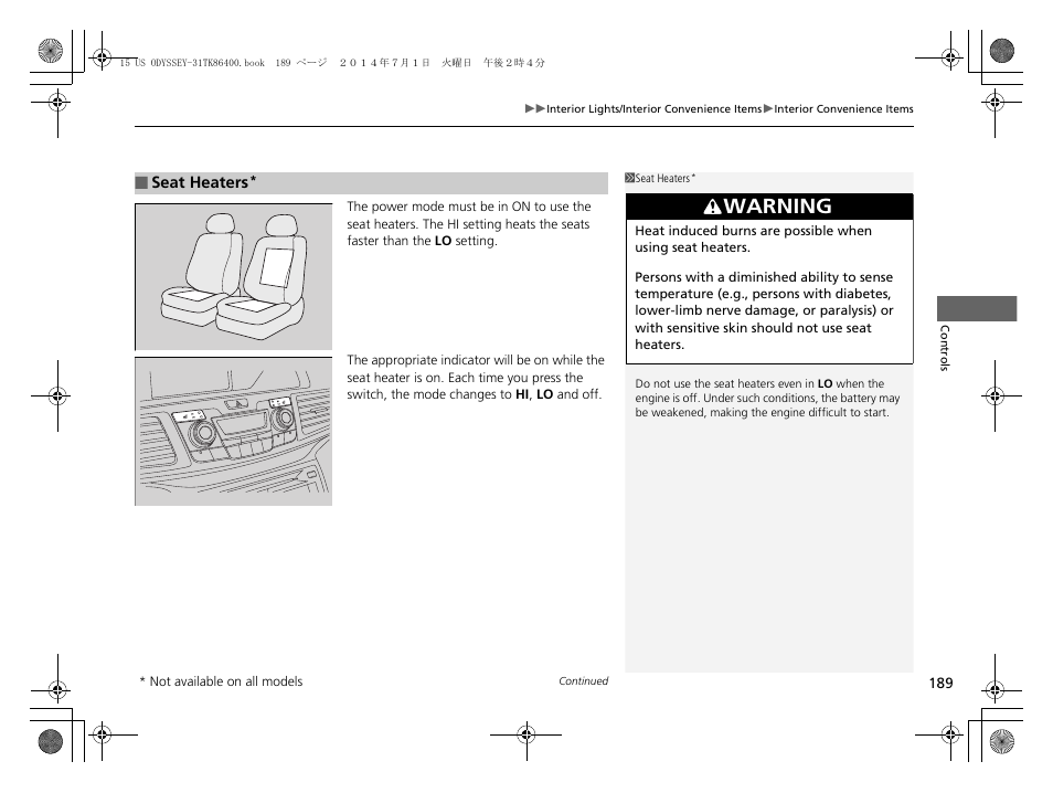 P189), Warning | HONDA 2015 Odyssey - Owner's Manual User Manual | Page 190 / 565