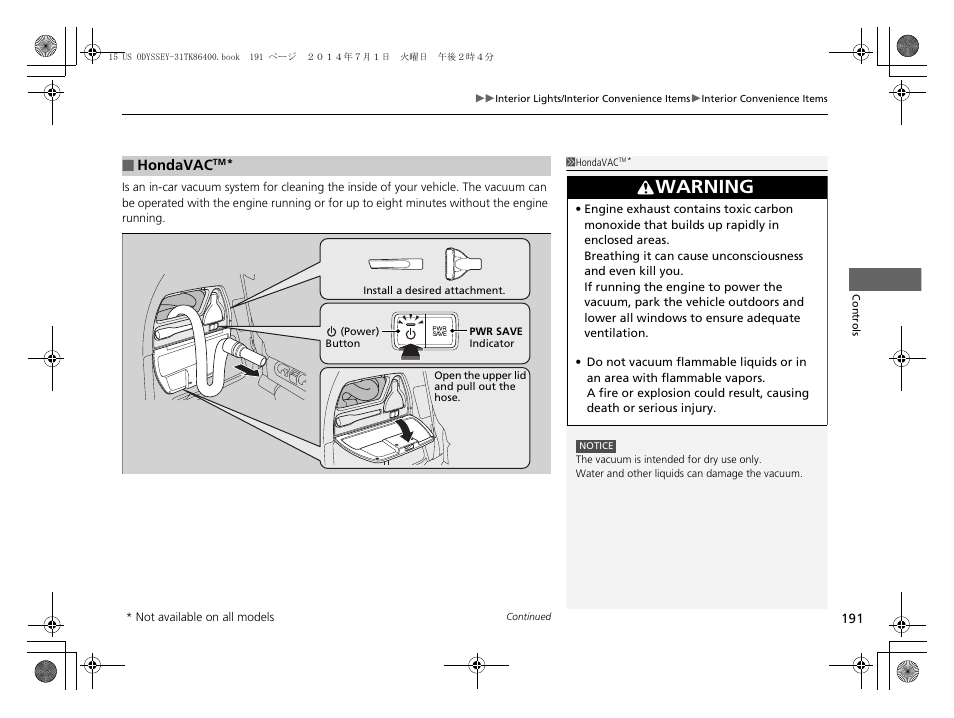 P191, Warning | HONDA 2015 Odyssey - Owner's Manual User Manual | Page 192 / 565