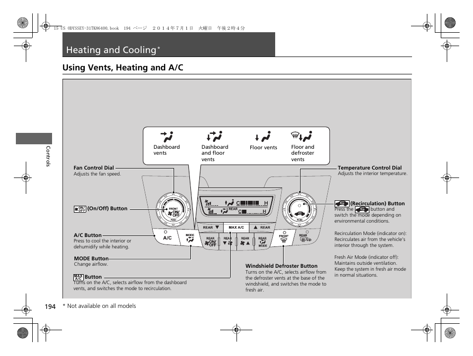 Heating and cooling, P194), Using vents, heating and a/c | HONDA 2015 Odyssey - Owner's Manual User Manual | Page 195 / 565