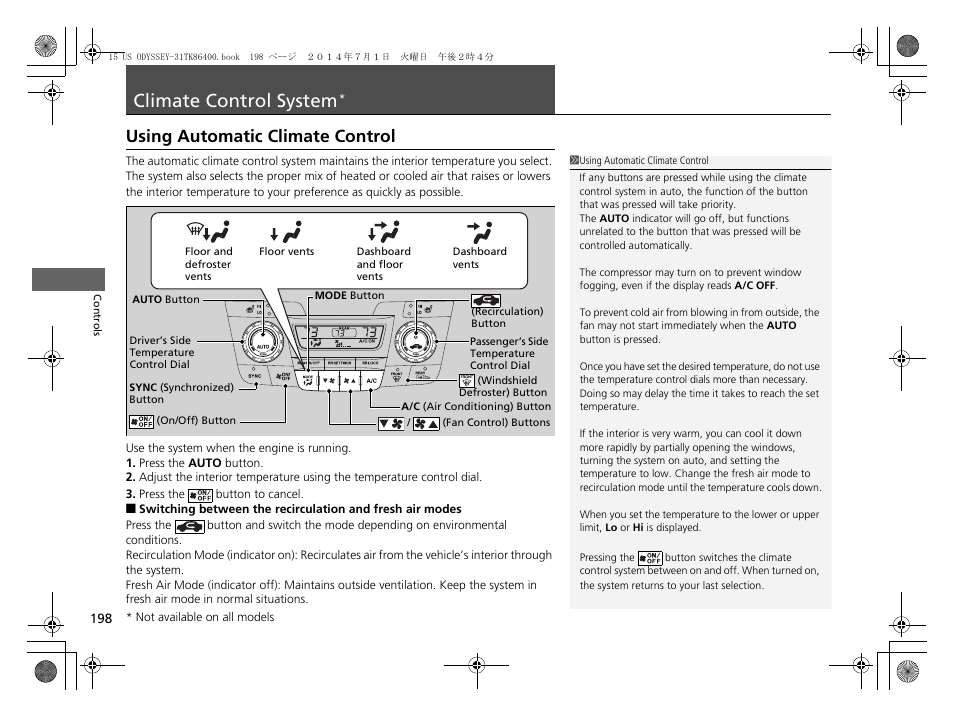 Climate control system, P198), Using automatic climate control | HONDA 2015 Odyssey - Owner's Manual User Manual | Page 199 / 565