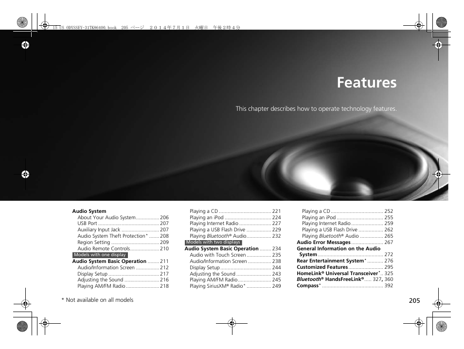 Features, P205) | HONDA 2015 Odyssey - Owner's Manual User Manual | Page 206 / 565