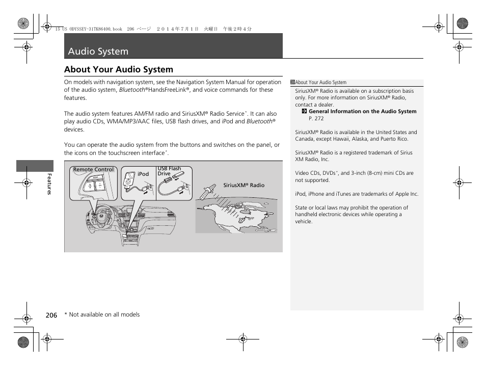 Audio system, P206), About your audio system | HONDA 2015 Odyssey - Owner's Manual User Manual | Page 207 / 565