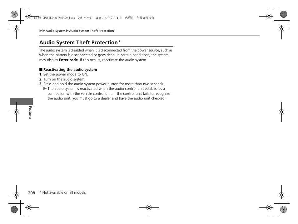 Audio system theft protection | HONDA 2015 Odyssey - Owner's Manual User Manual | Page 209 / 565