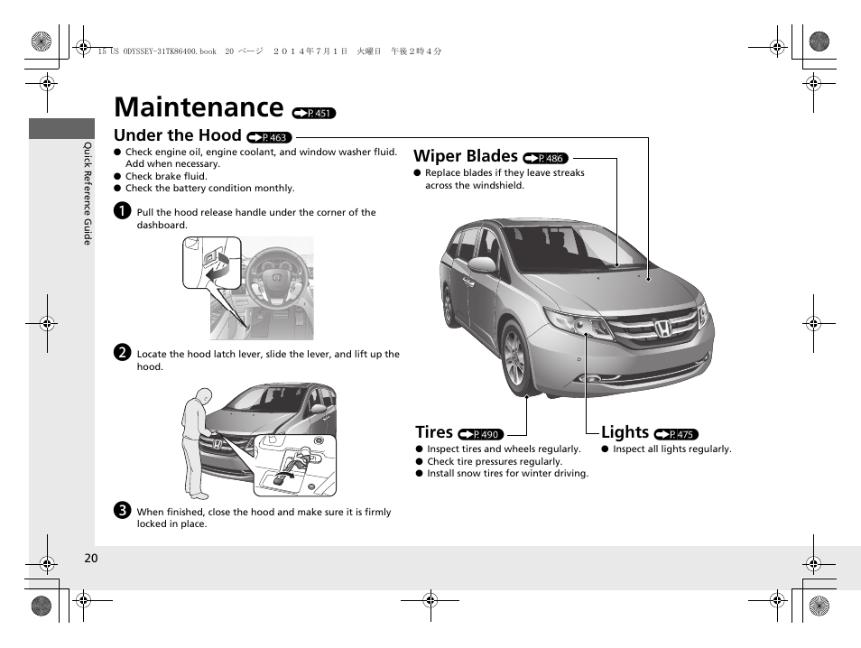 Maintenance (p451), Maintenance, Under the hood | Lights, Wiper blades, Tires | HONDA 2015 Odyssey - Owner's Manual User Manual | Page 21 / 565