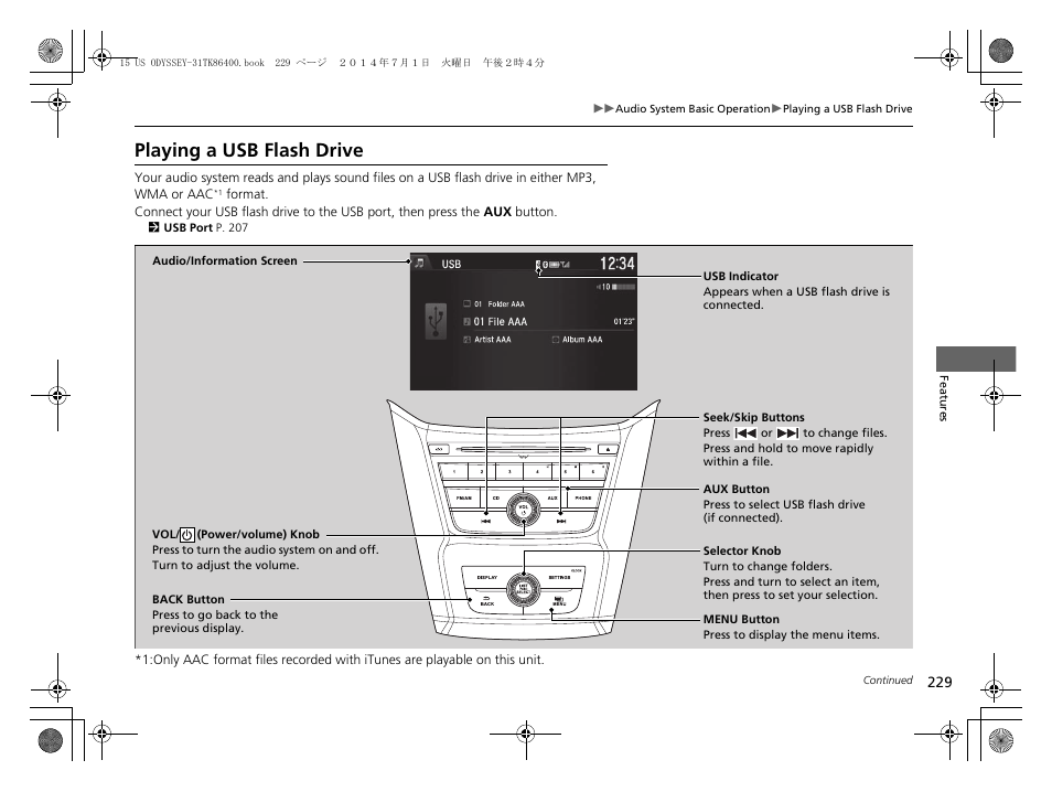 Playing a usb flash drive | HONDA 2015 Odyssey - Owner's Manual User Manual | Page 230 / 565