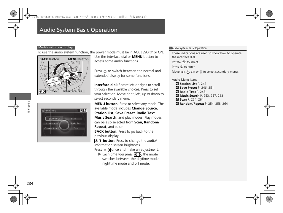 Audio system basic operation | HONDA 2015 Odyssey - Owner's Manual User Manual | Page 235 / 565