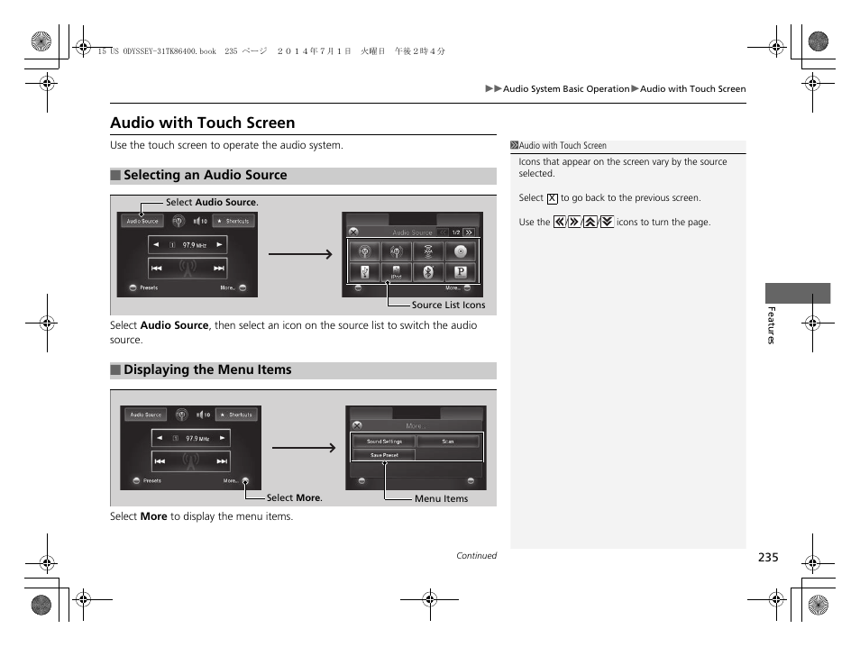 Audio with touch screen | HONDA 2015 Odyssey - Owner's Manual User Manual | Page 236 / 565