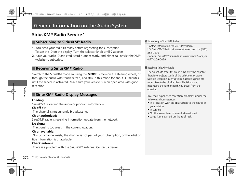 General information on the audio system p. 272, General information on the audio, System | General information on the audio system, Siriusxm® radio service | HONDA 2015 Odyssey - Owner's Manual User Manual | Page 273 / 565