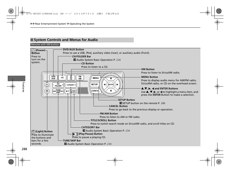 System controls and menus for audio | HONDA 2015 Odyssey - Owner's Manual User Manual | Page 289 / 565