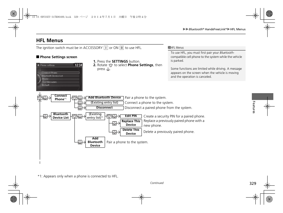 Hfl menus | HONDA 2015 Odyssey - Owner's Manual User Manual | Page 330 / 565