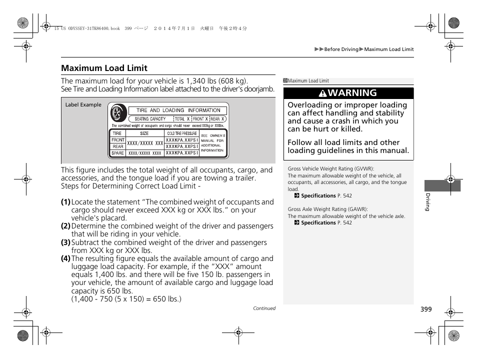 Maximum load limit, Maximum load limit p. 399, Warning | HONDA 2015 Odyssey - Owner's Manual User Manual | Page 400 / 565