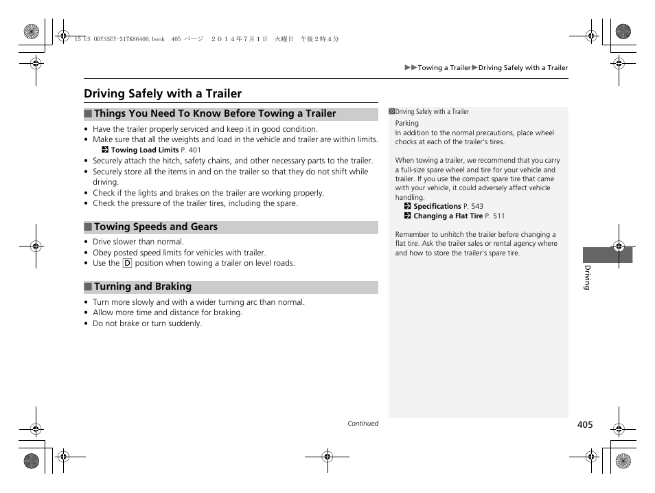 Driving safely with a trailer | HONDA 2015 Odyssey - Owner's Manual User Manual | Page 406 / 565