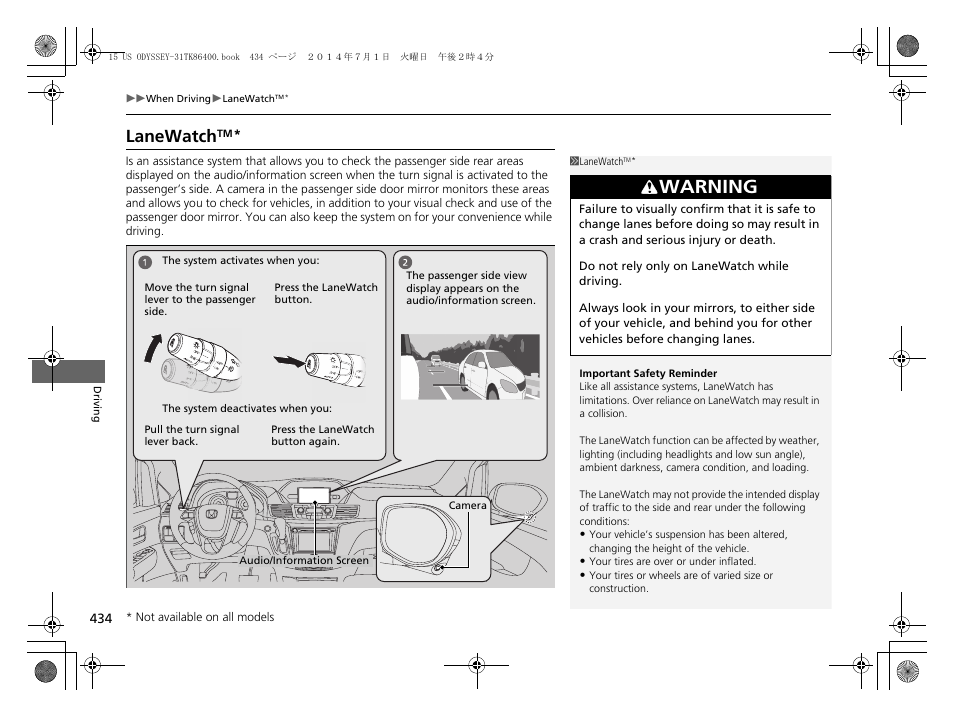 P434, Lanewatch, Warning | HONDA 2015 Odyssey - Owner's Manual User Manual | Page 435 / 565