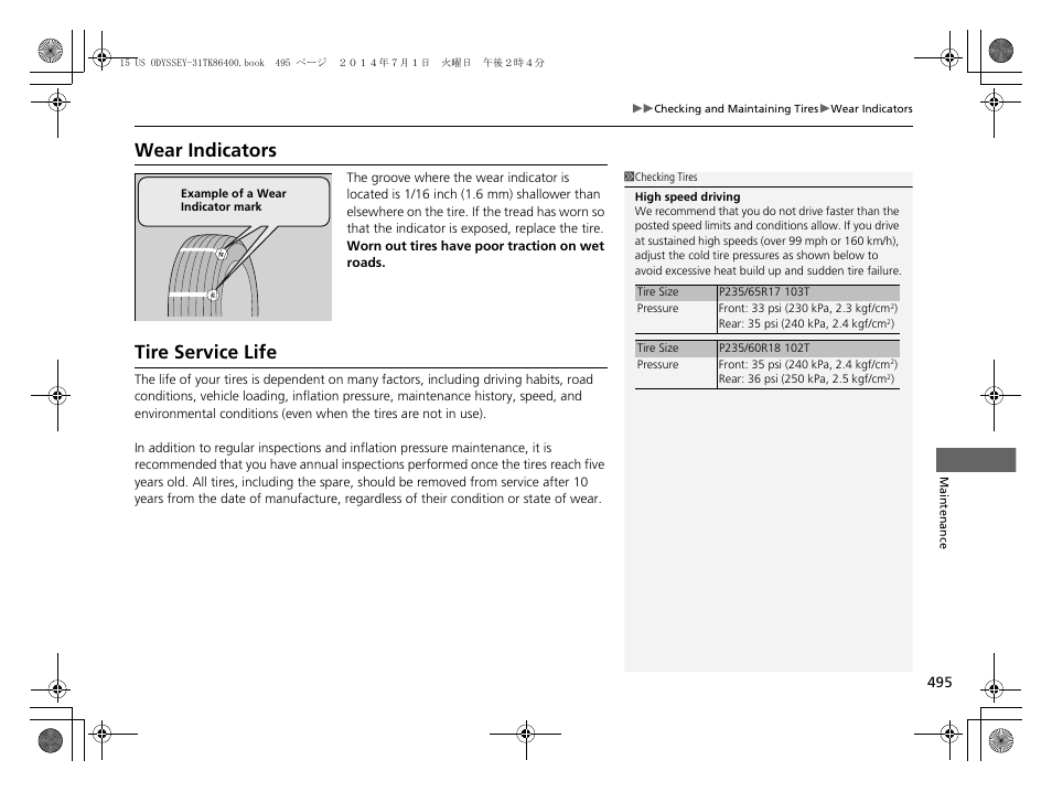 Wear indicators, Tire service life | HONDA 2015 Odyssey - Owner's Manual User Manual | Page 496 / 565