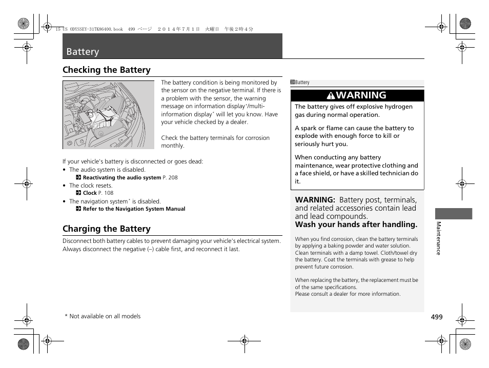 Battery p. 499, Checking the battery p. 499, Battery | Warning, Checking the battery, Charging the battery | HONDA 2015 Odyssey - Owner's Manual User Manual | Page 500 / 565