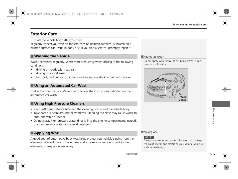 Exterior care | HONDA 2015 Odyssey - Owner's Manual User Manual | Page 508 / 565