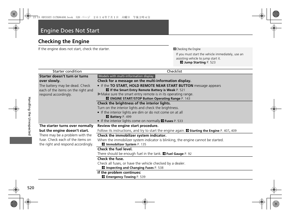 Engine does not start p, P520), Engine does not start | Checking the engine | HONDA 2015 Odyssey - Owner's Manual User Manual | Page 521 / 565