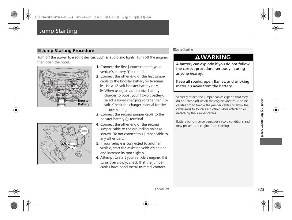 Jump starting p. 523, Jump starting, Warning | HONDA 2015 Odyssey - Owner's Manual User Manual | Page 524 / 565