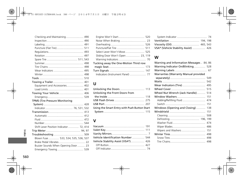 HONDA 2015 Odyssey - Owner's Manual User Manual | Page 561 / 565